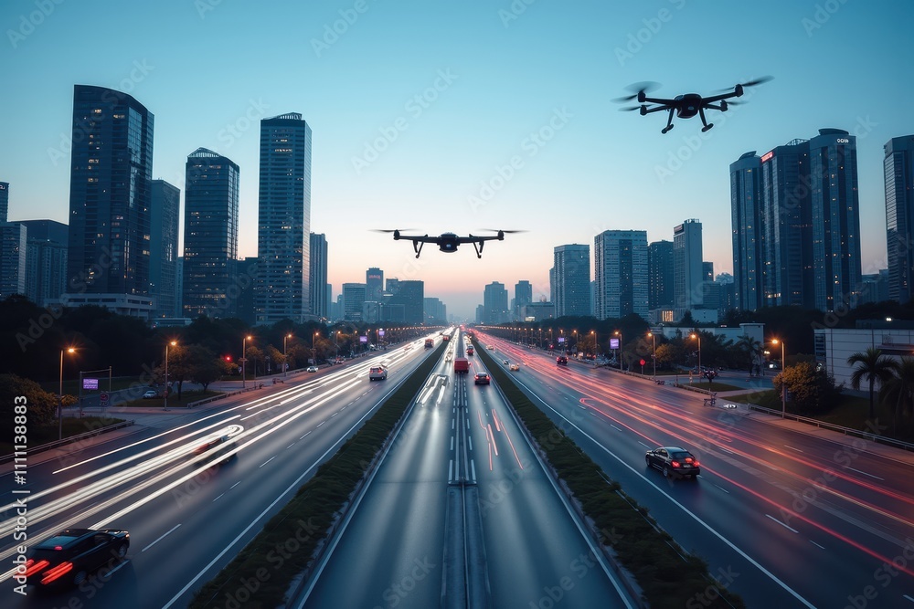 Fototapeta premium Futuristic Urban Landscape with Drones Flying Over a Bustling City at Dusk, Showcasing AI Technology and Modern Architecture with Vibrant City Lights