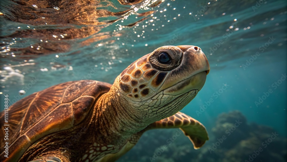 Fototapeta premium Sea turtle underwater in the ocean, marine life and conservation of the ecology of the seas.