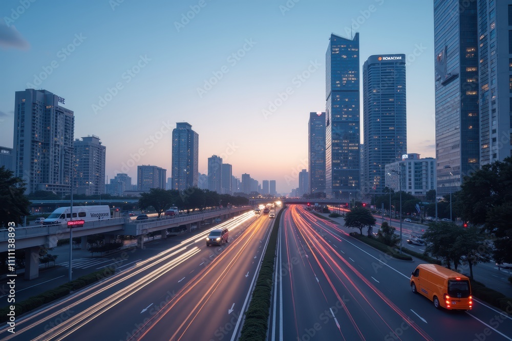 Urban Cityscape at Dusk with Traffic Flowing Along the Road Surrounded by Skyscrapers and Modern Architecture in an AI-Driven Environment Urban Cityscape at Dusk with Traffic Flowing Along the Road Surrounded by Skyscrapers and Modern Architecture in an AI-Driven Environment