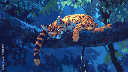 Oncilla. wild cat on a tree. wild cats. Nocturnal. Illustration photo