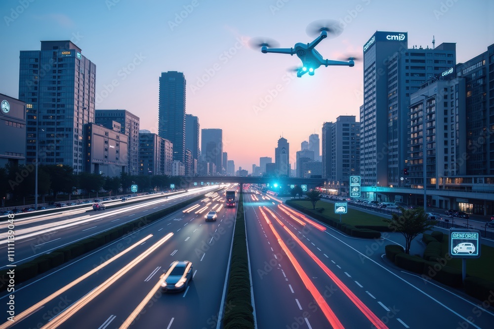 Obraz premium Aerial View of a Modern City at Twilight with an AI-Driven Drone Flying Over Busy Urban Highway Traffic on a Clear Evening