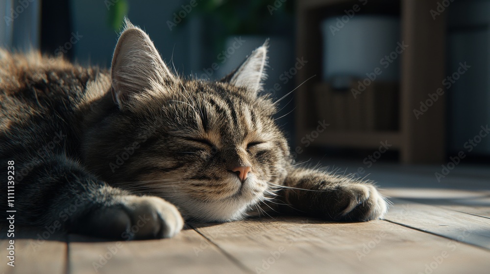Naklejka premium Relaxing cat portrait in cozy home lifestyle bright sunlit room serenity and comfort