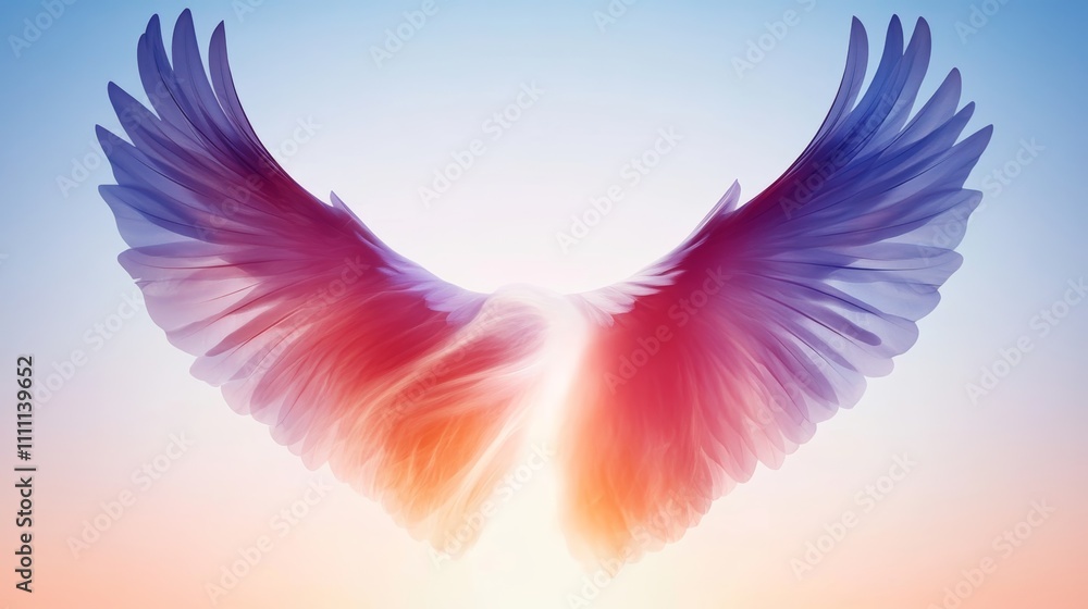 Vibrant, colorful wings spread against a soft pastel sky. A symbol of freedom and hope. Vibrant, colorful wings spread against a soft pastel sky. A symbol of freedom and hope.