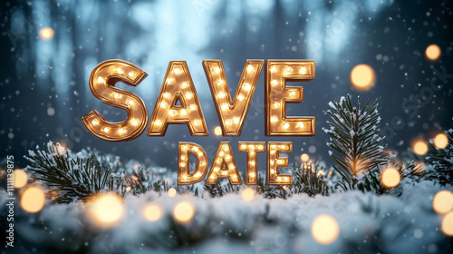 Winter Save the Date  Illuminated Sign  Snow  Festive Lights  Holiday Invitation