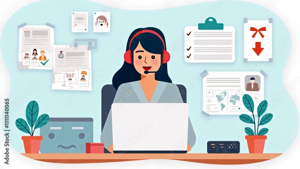 The image shows a young woman sitting at a desk with a laptop in front of her. She is wearing a headset and has a smile on her face. The image shows a young woman sitting at a desk with a laptop in front of her. She is wearing a headset and has a smile on her face.