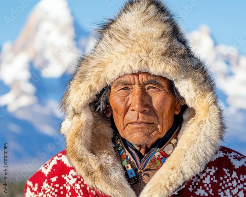 Cultural heritage exploration indigenous elder portrait in majestic mountains nature serene environment close-up perspective photo