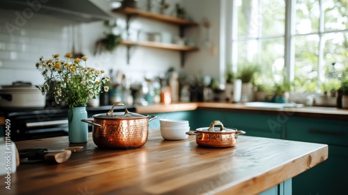 A cozy and inviting kitchen scene featuring copper pots, wooden countertops, and a touch of greenery, bathed in warm sunlight, evoking a sense of home comfort. photo