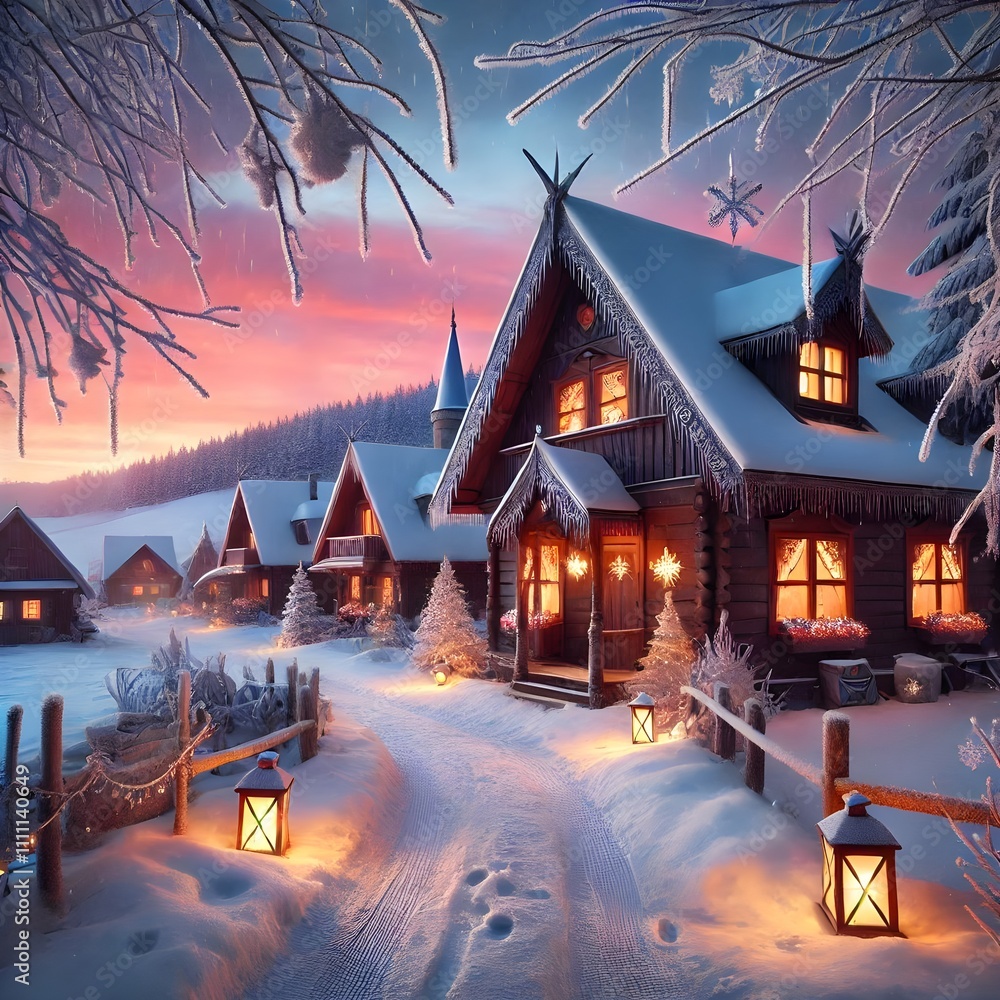 Obraz premium Winter Wonderland at Dawn with Snowy Cottages and Lanterns