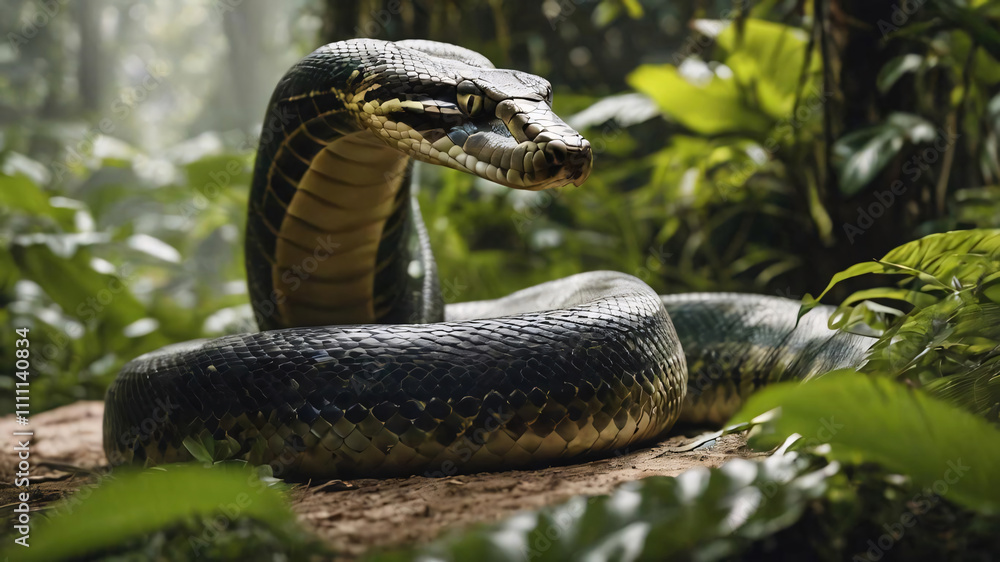 Fototapeta premium A large anaconda snake coiled in a lush rainforest.