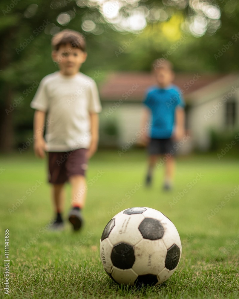 Children playing soccer in a backyard action shot outdoor activity natural setting dynamic viewpoint fun concept Children playing soccer in a backyard action shot outdoor activity natural setting dynamic viewpoint fun concept
