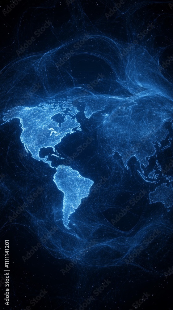 Obraz premium Glowing blue lines trace a world map, creating a mesmerizing image of global connectivity.