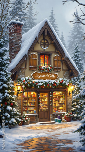 Rustic toy shop for a fantasy winter village, huge display window, story format for smartphone background or social medias, 8k