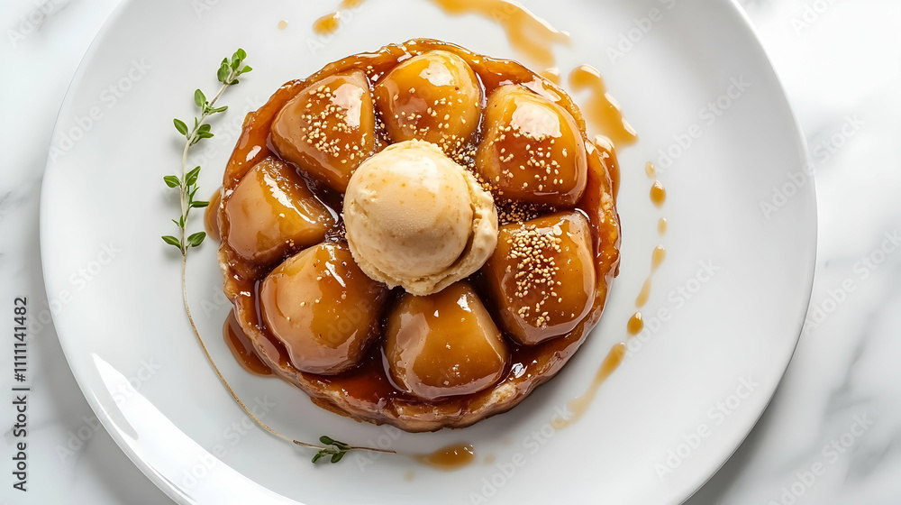 Miso Caramel Apple Tarte Tatin with Ginger Ice Cream and Sesame Brittle, French Asian Photography Miso Caramel Apple Tarte Tatin with Ginger Ice Cream and Sesame Brittle, French Asian Photography