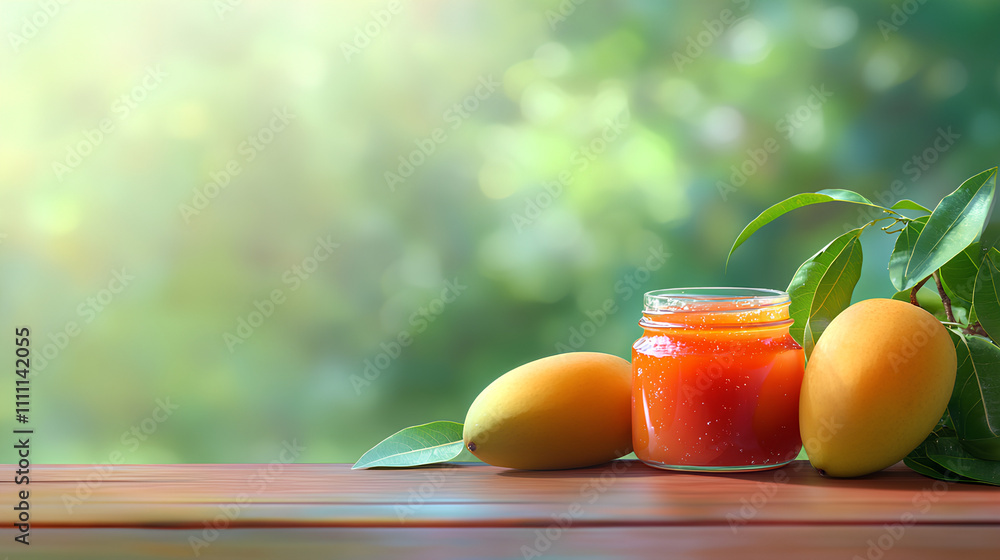 Fototapeta premium Jar of red sauce sits on a wooden table next to two mango