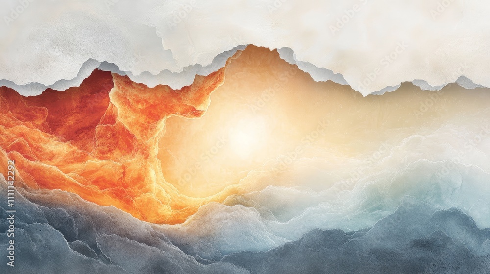 Abstract landscape art. Warm, fiery oranges and cool blues create a dramatic contrast in this surreal dreamscape. Abstract landscape art. Warm, fiery oranges and cool blues create a dramatic contrast in this surreal dreamscape.