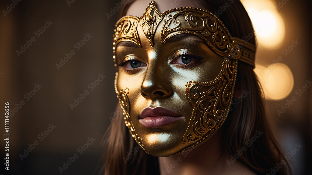 Person wearing a golden mask representing mystery and opulence of high society secret parties Person wearing a golden mask representing mystery and opulence of high society secret parties