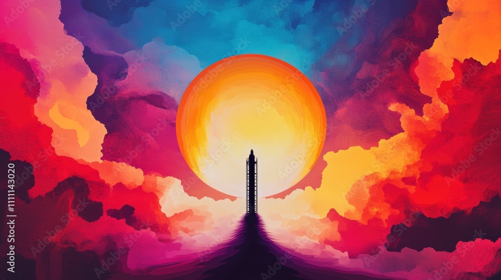 Fototapeta premium Silhouette of a tall structure against a vibrant sunset, painted with warm and cool colors. Dreamlike and surreal.