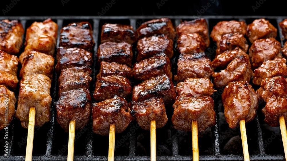 Grilling perfect skewers of succulent meat backyard barbecue food summer evening close-up culinary delight Grilling perfect skewers of succulent meat backyard barbecue food summer evening close-up culinary delight