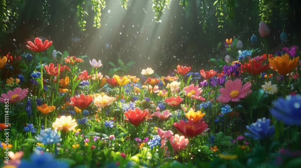 Obraz premium Sunlit Field of Colorful Flowers with Rain Falling