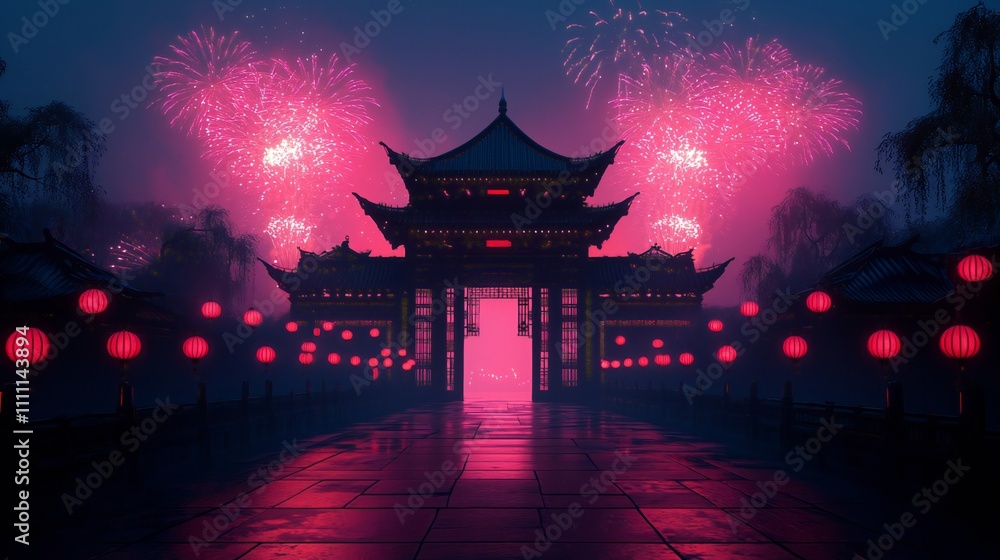 Fototapeta premium Festive Asian Gate Fireworks Lanterns Night Scene Celebration