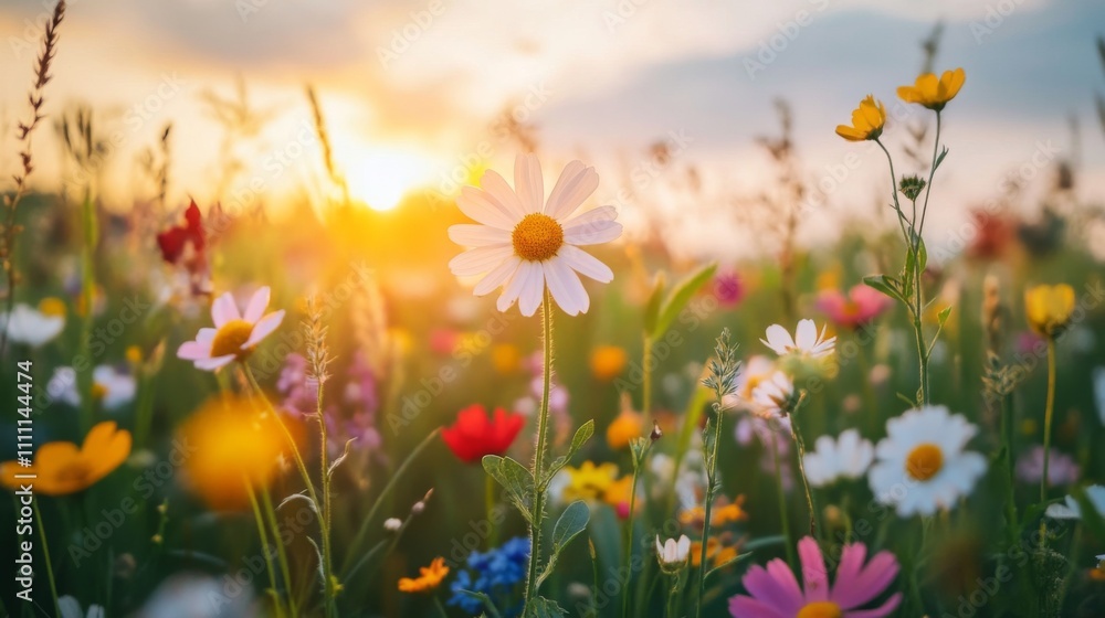 A Single Daisy Stands Out in a Field of Wildflowers at Sunset A Single Daisy Stands Out in a Field of Wildflowers at Sunset