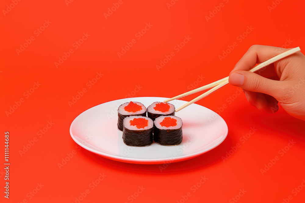 Delicious sushi rolls on plate with vibrant red background, ready to be enjoyed. colorful presentation and fresh ingredients make it appealing dish for sushi lovers Delicious sushi rolls on plate with vibrant red background, ready to be enjoyed. colorful presentation and fresh ingredients make it appealing dish for sushi lovers