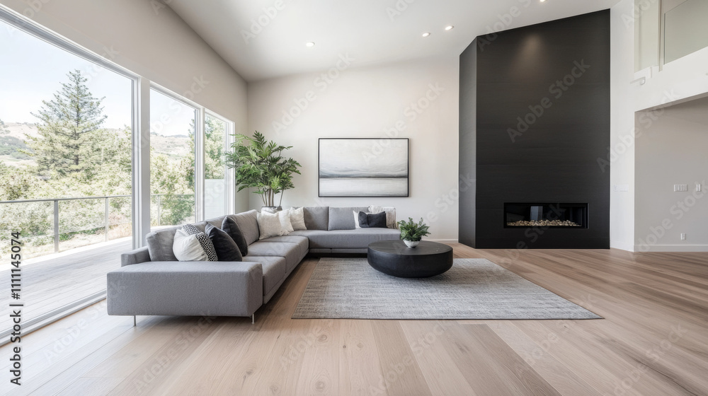 Fototapeta premium Minimalist living room with soft natural lighting, a modular gray couch, and a statement black accent wall