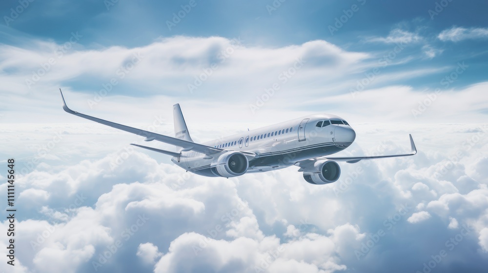 Obraz premium Commercial airplane flying above clouds in the blue sky.
