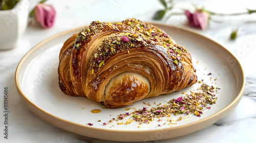 Halva Croissant Morning Bun with Tahini Glaze and Pistachio Rose Dukkah, Middle Eastern Pastry Photography photo