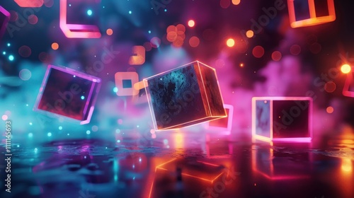 Abstract 3D neon glowing cubes with fog and bokeh lights.