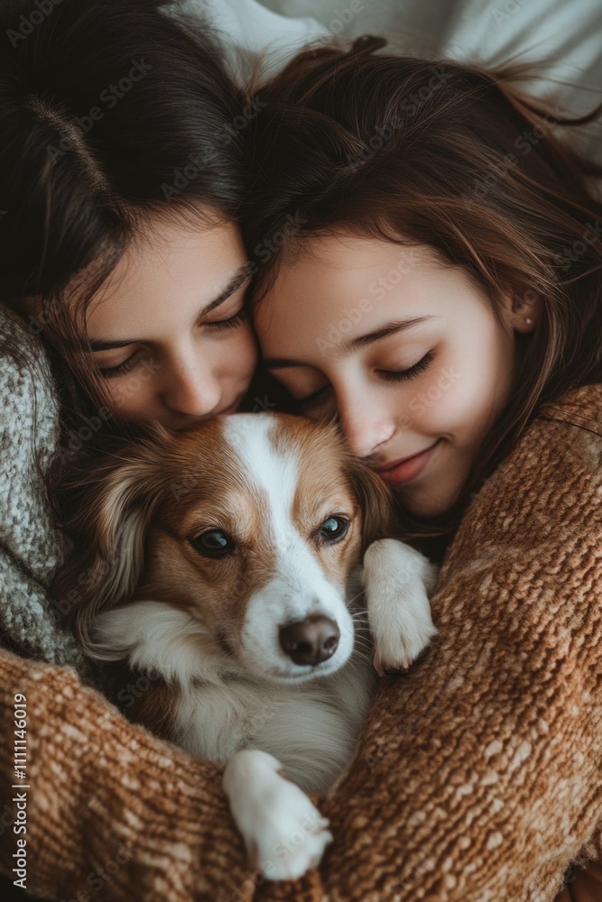 Girls and dog snuggle on bed Girls and dog snuggle on bed