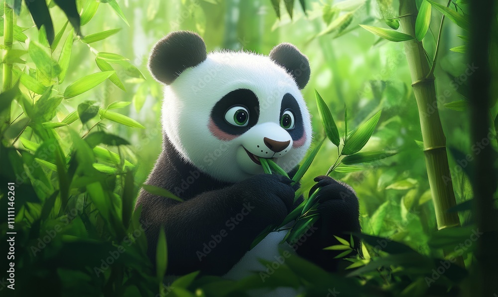 A cute panda munches on bamboo shoots, sitting among lush green foliage in the forest A cute panda munches on bamboo shoots, sitting among lush green foliage in the forest
