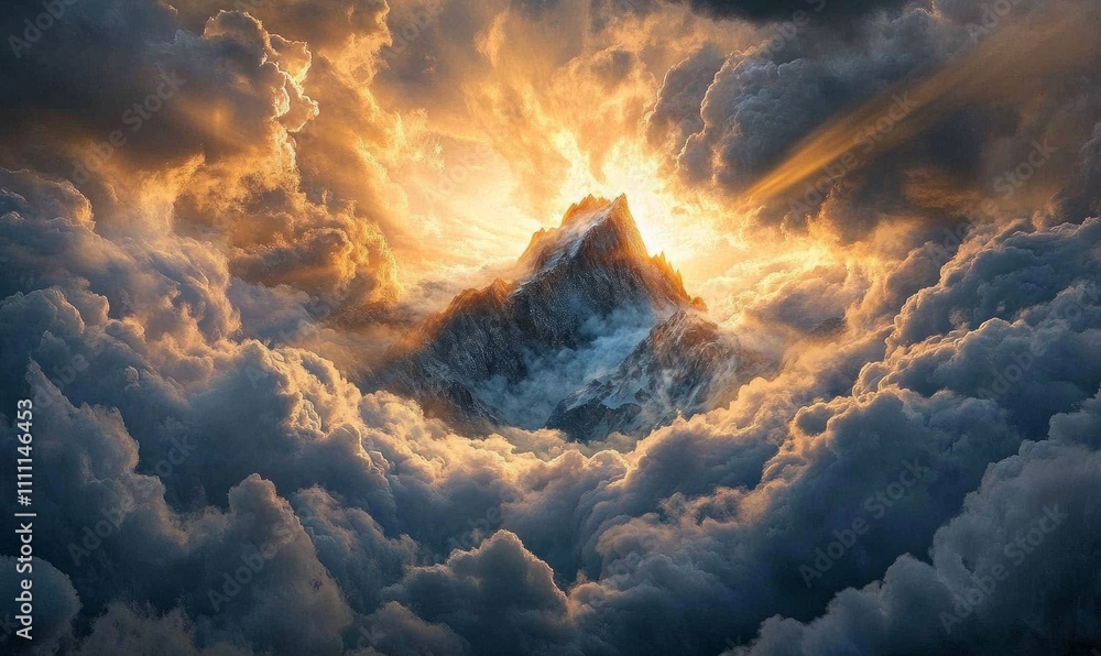 A dramatic mountain peak surrounded by swirling clouds, with rays of sunlight piercing through, creating a powerful and awe-inspiring scene A dramatic mountain peak surrounded by swirling clouds, with rays of sunlight piercing through, creating a powerful and awe-inspiring scene