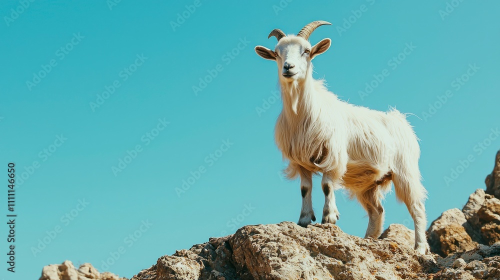 Obraz premium Goat standing on a mountain with a blue sky background
