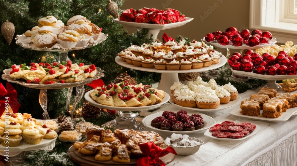 Festive Holiday Feast, a vibrant buffet filled with assorted dishes and treats, elegantly displayed on a long table, celebrating the spirit of seasonal gatherings and joy. Festive Holiday Feast, a vibrant buffet filled with assorted dishes and treats, elegantly displayed on a long table, celebrating the spirit of seasonal gatherings and joy.