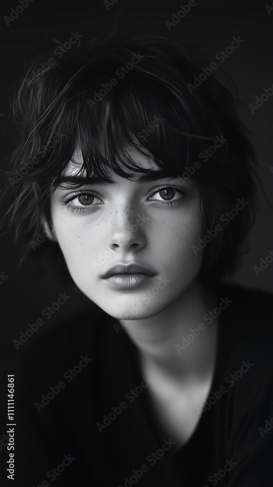 Black and White Portrait: Intense and Thoughtful Gaze Black and White Portrait: Intense and Thoughtful Gaze