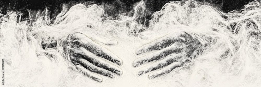 Close-up of hands gently cradling a cloud of white powder. A study in texture and contrast. Close-up of hands gently cradling a cloud of white powder. A study in texture and contrast.