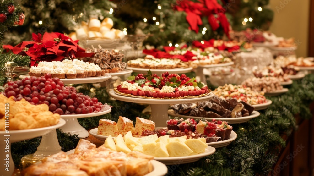 Festive Holiday Buffet, a vibrant display of seasonal dishes and treats elegantly arranged on a long table, celebrating the joy and abundance of holiday feasting. Festive Holiday Buffet, a vibrant display of seasonal dishes and treats elegantly arranged on a long table, celebrating the joy and abundance of holiday feasting.