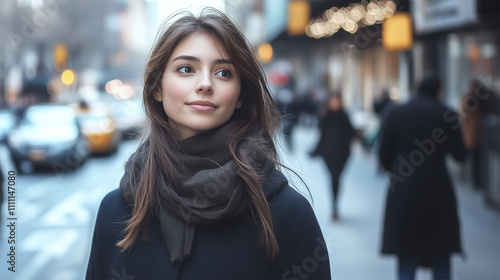 Young woman in cozy scarf, winter minimalist fashion, walking in busy New York street. 