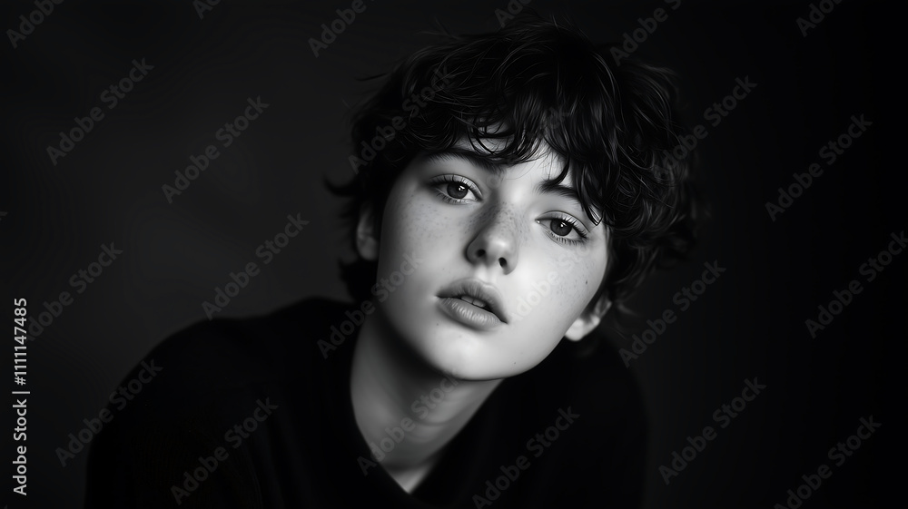 Black and White Portrait: Intense and Thoughtful Gaze Black and White Portrait: Intense and Thoughtful Gaze