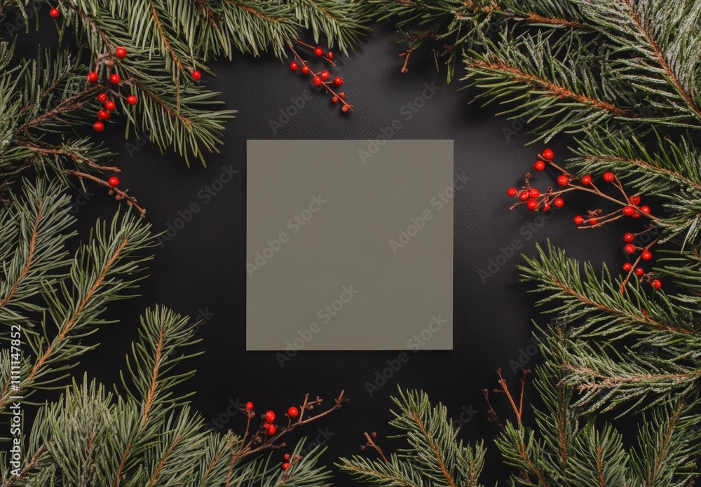 Square card mockup with Christmas pine branches on black background Square card mockup with Christmas pine branches on black background