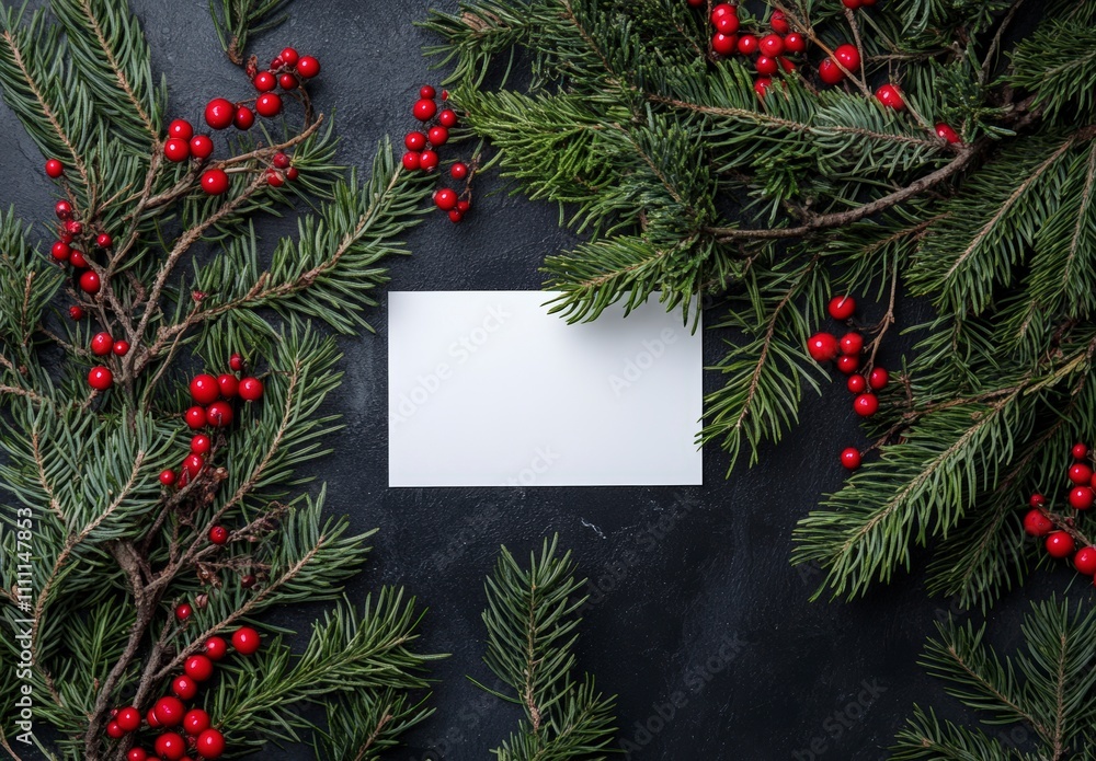 Blank card mockup surrounded by pine branches and red berries Blank card mockup surrounded by pine branches and red berries