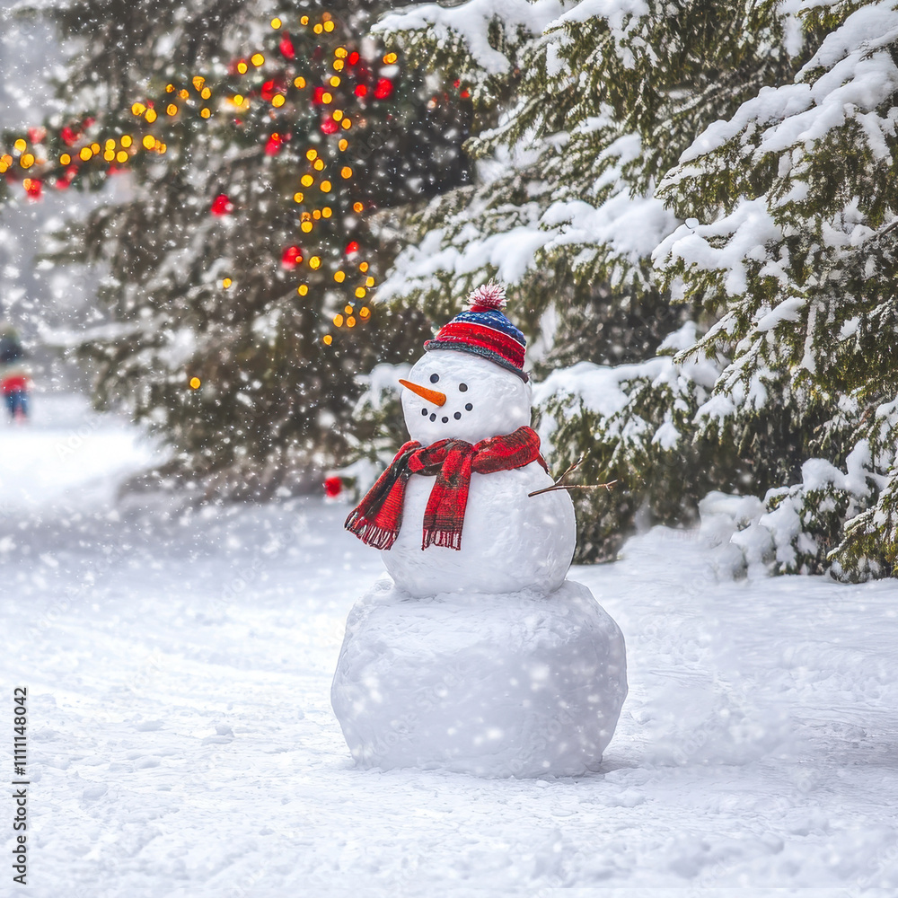A winter wonderland scene with a snowman in a snow-covered park. the snowman is adorned with a scarf, hat, and a carrot nose. In the background, a line of decorated pine trees adds a festive touch. A winter wonderland scene with a snowman in a snow-covered park. the snowman is adorned with a scarf, hat, and a carrot nose. In the background, a line of decorated pine trees adds a festive touch.