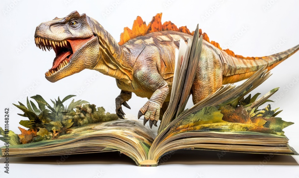 Obraz premium A fearsome dinosaur springing from a pop-up book, blending the world of imagination with prehistoric reality