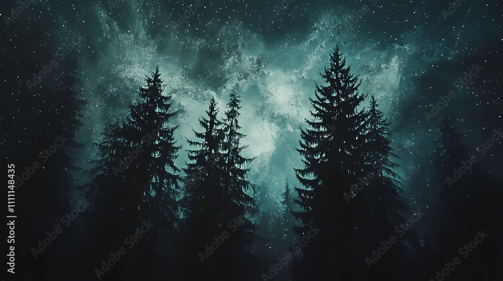 A celestial tapestry woven across a nocturnal forest, with towering evergreens silhouetted against a breathtaking display of stars and a majestic milky way. Nocturnal. Illustration A celestial tapestry woven across a nocturnal forest, with towering evergreens silhouetted against a breathtaking display of stars and a majestic milky way. Nocturnal. Illustration
