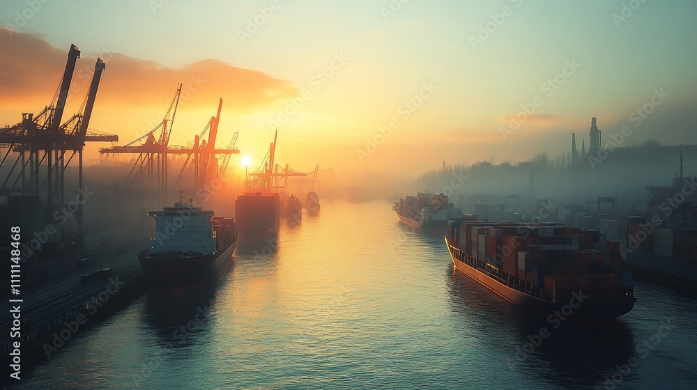 Cargo ships and cranes at a port at sunrise, with a misty atmosphere. Cargo ships and cranes at a port at sunrise, with a misty atmosphere.