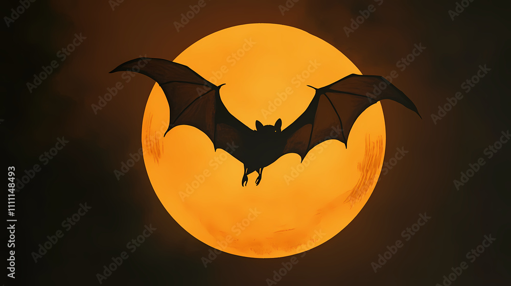 Fototapeta premium A charming illustration of a bat flying against a glowing orange moon. perfect for capturing the essence of nocturnal wildlife and autumn evenings. Nocturnal. Illustration