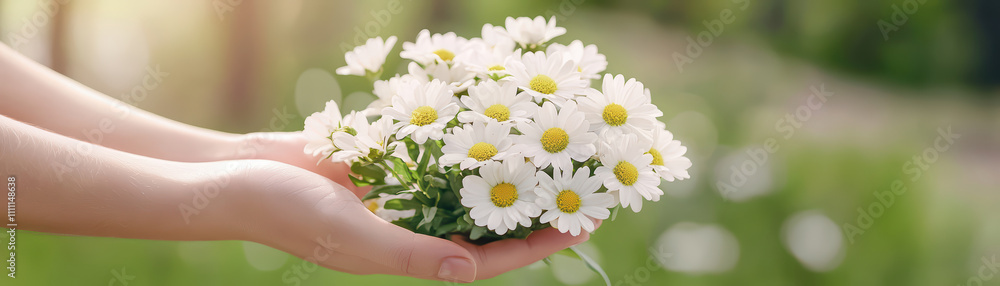 delicate hand holding bouquet of white daisies in sunlight, radiating warmth and joy. vibrant flowers symbolize purity and innocence, creating serene atmosphere delicate hand holding bouquet of white daisies in sunlight, radiating warmth and joy. vibrant flowers symbolize purity and innocence, creating serene atmosphere