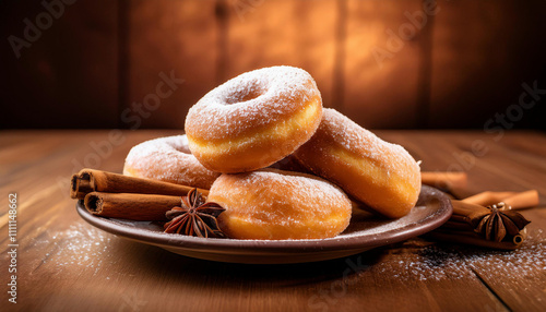 A stack of powdered sugar-dusted donuts sits on a plate alongside cinnamon sticks with warm lights in the wooden background.	 photo