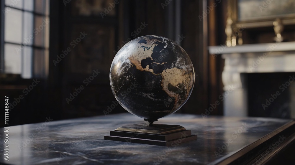 A decorative globe on a table, showcasing the Earth's continents and oceans. A decorative globe on a table, showcasing the Earth's continents and oceans.